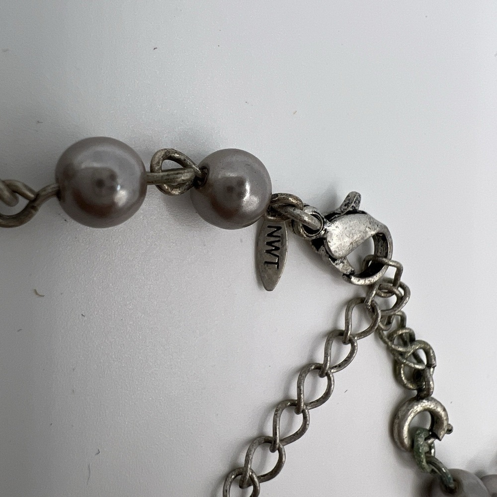 Gray Faux Pearl Rhinestone Necklace Double Strand Floral Statement Bib - Picture 4 of 6